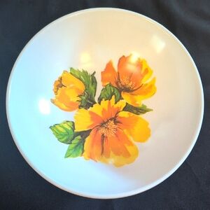 Large Vintage MCM Bowl White With Yellow And Green Flowers Melamine Bowl